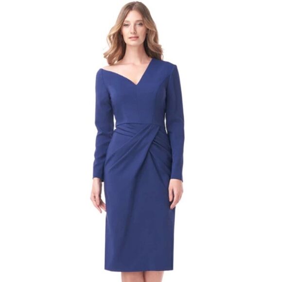 NEW Kay Unger CECELIA MIDI DRESS Admiral Blue Draped & Pleated Size 4 - Picture 1 of 6